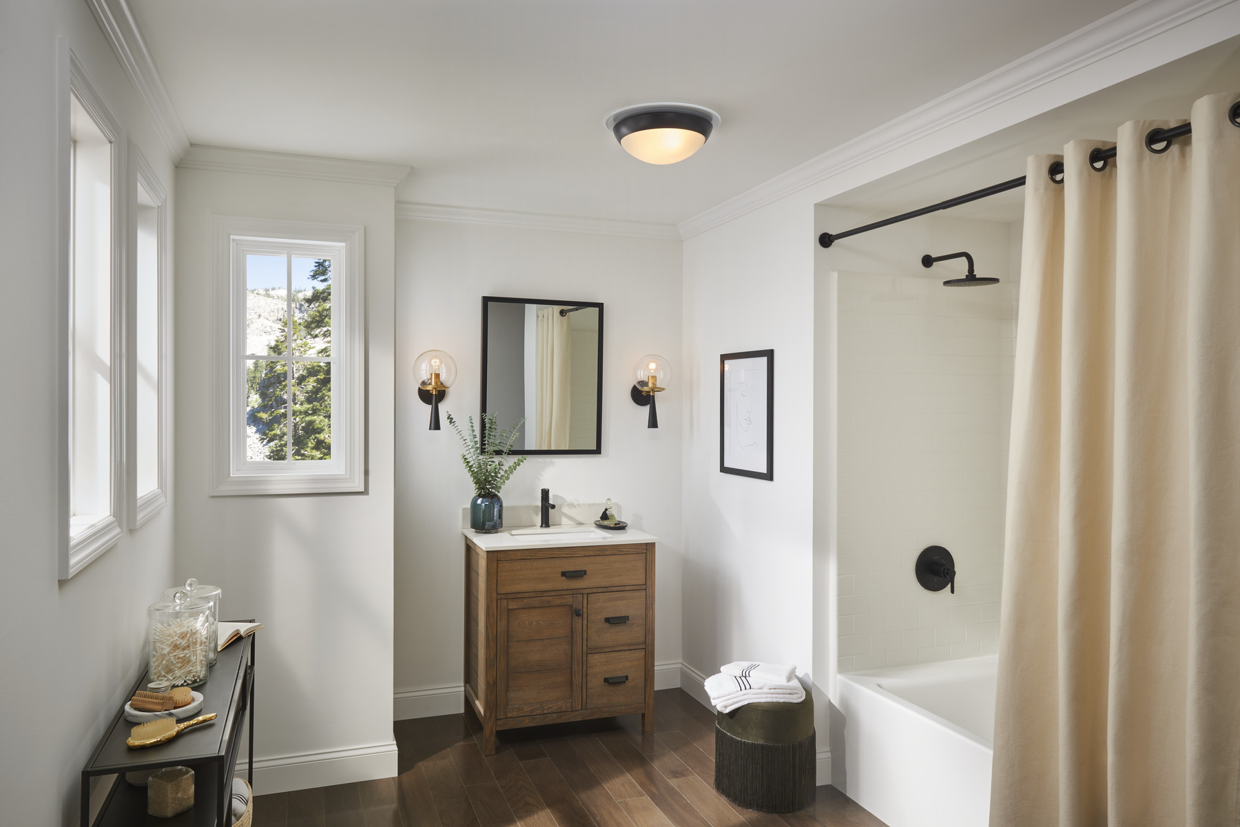 Decorative bathroom fan installed in a finished bathroom