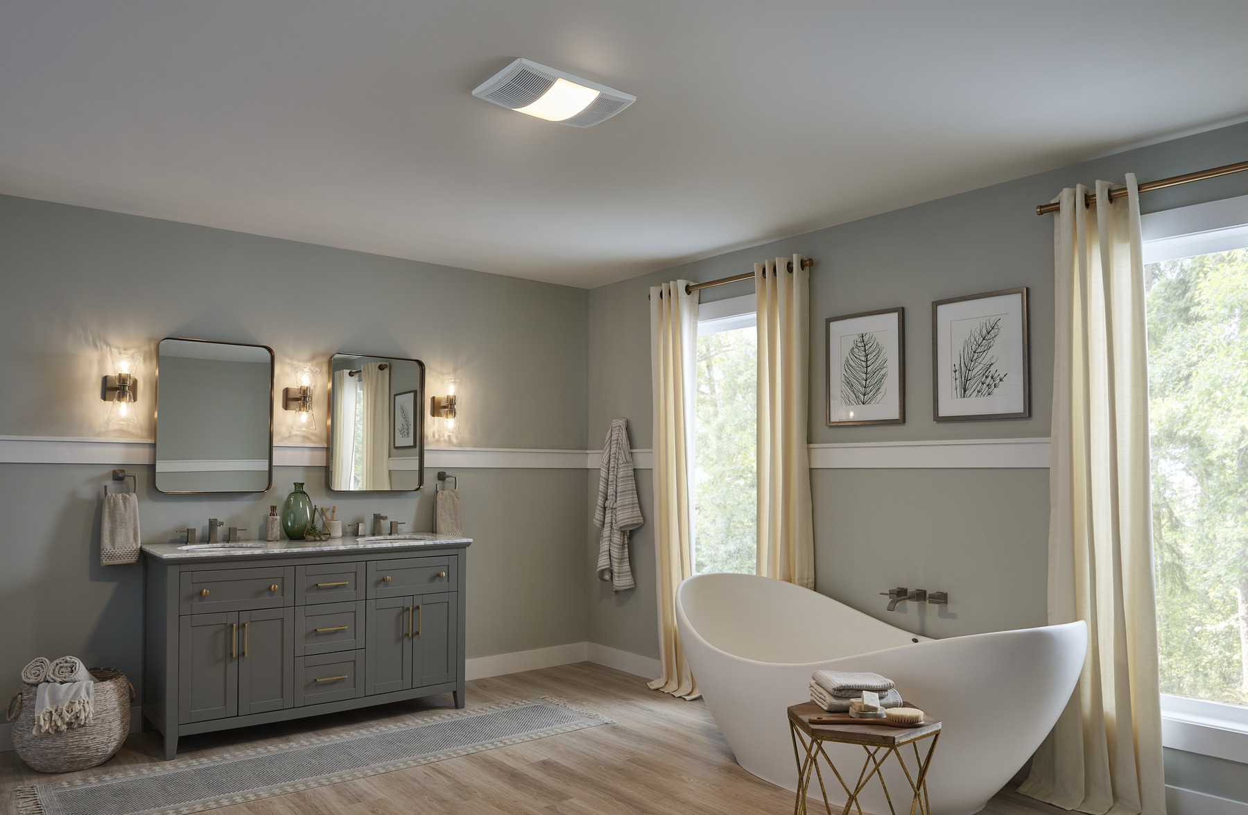 Bathroom heater fan light installed in a bathroom ceiling
