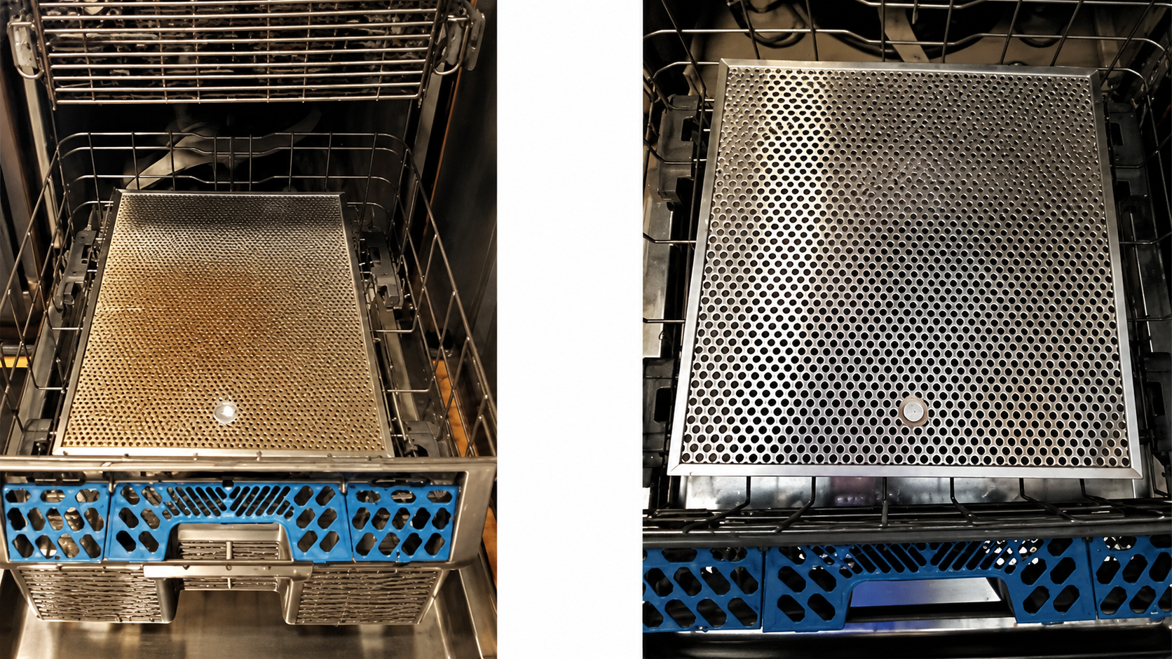 Before and after photos of a cleaned range hood filter