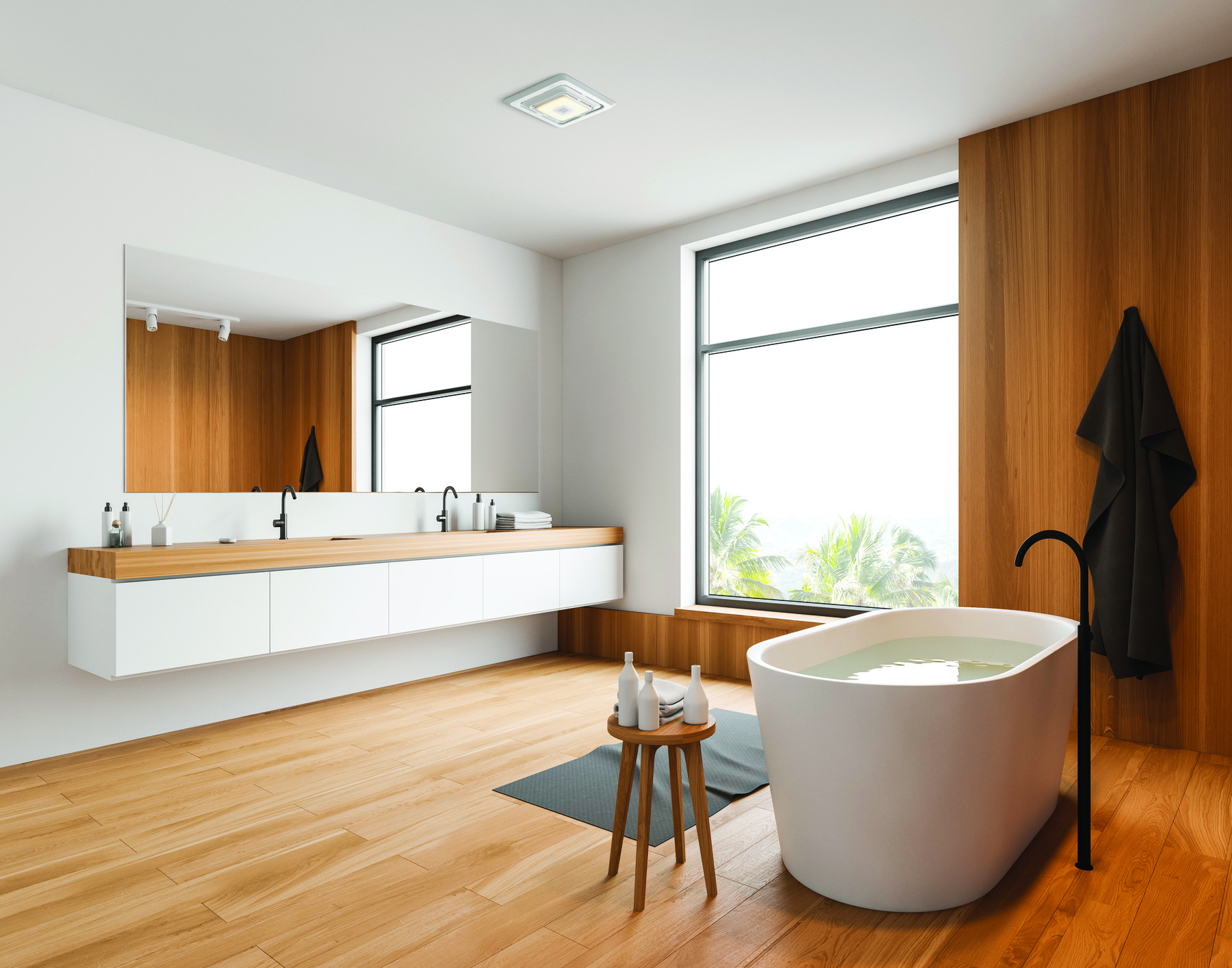 Bathroom fan upgrade with Bluetooth speaker and LED light